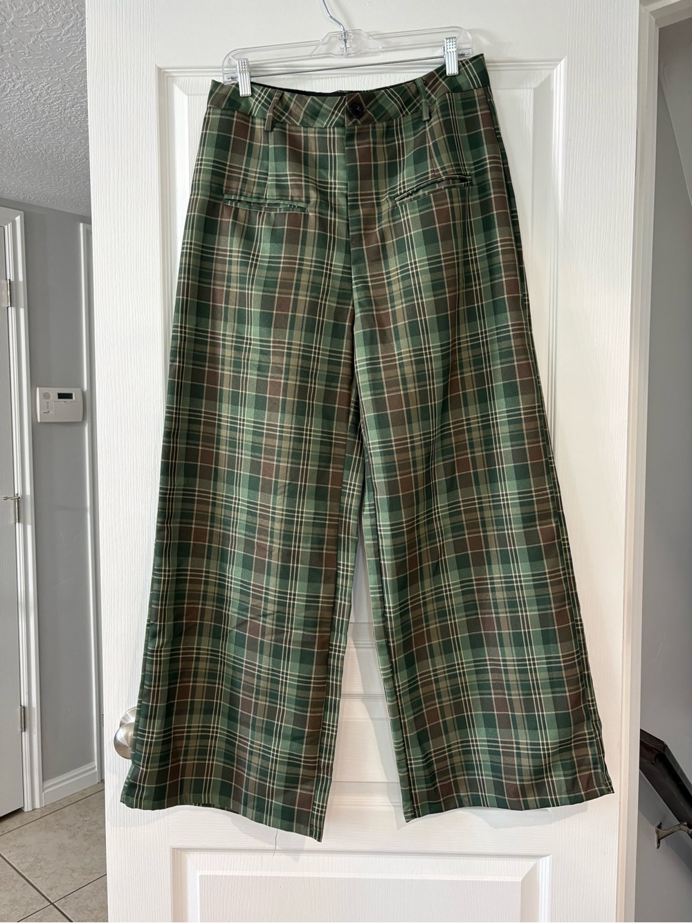 ROMWE Green and Brown Plaid Wide-Leg Pants